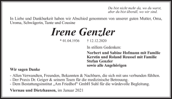 Traueranzeige von Irene Genzler von Südthüringer Presse