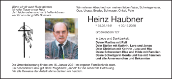 Traueranzeige von Heinz Haubner von Frankenpost