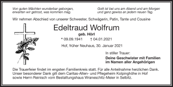 Traueranzeige von Edeltraud Wolfrum von Frankenpost