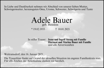 Traueranzeige von Adele Bauer von Neue Presse Coburg