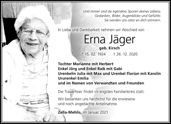Traueranzeige von Erna Jäger von Südthüringer Presse