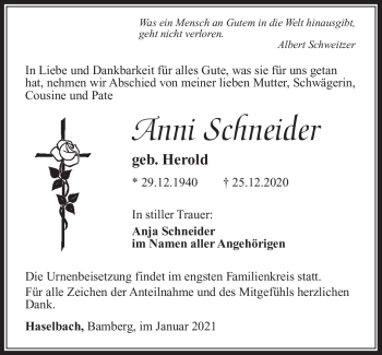 Traueranzeige von Anni Schneider von Südthüringer Presse