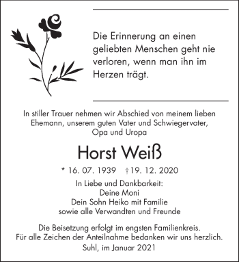Traueranzeige von Horst Weiß von Südthüringer Presse