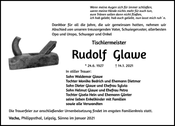 Traueranzeige von Rudolf Glawe von Südthüringer Presse