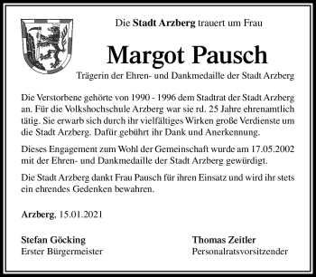 Traueranzeige von Margot Pausch von Frankenpost