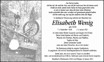 Traueranzeige von Elisabeth Wenig von Südthüringer Presse