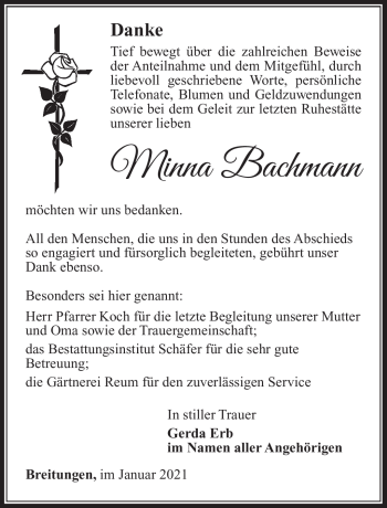 Traueranzeige von Minna Bachmann von Südthüringer Presse