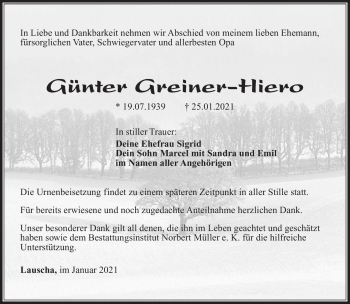 Traueranzeige von Günter Greiner-Hiero von Südthüringer Presse