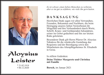 Traueranzeige von Aloysius Leister von Südthüringer Presse