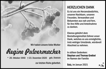 Traueranzeige von Regine Pulvermacher von Südthüringer Presse