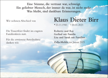 Traueranzeige von Klaus Dieter Birr von Südthüringer Presse