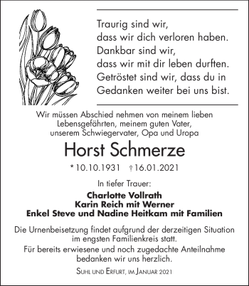Traueranzeige von Horst Schmerze von Südthüringer Presse