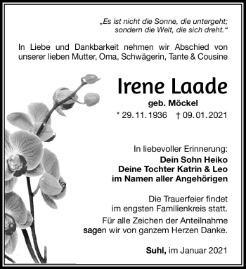 Traueranzeige von Irene Laade von Südthüringer Presse