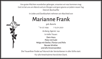 Traueranzeige von Marianne Frank von Frankenpost