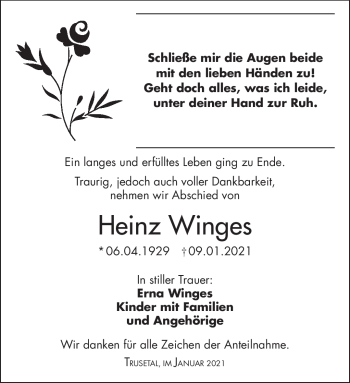 Traueranzeige von Heinz Winges von Südthüringer Presse