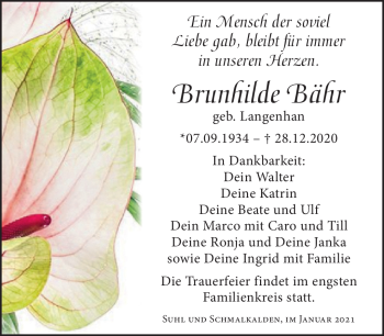 Traueranzeige von Brunhilde Bähr von Südthüringer Presse