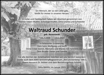 Traueranzeige von Waltrud Schunder von Südthüringer Presse