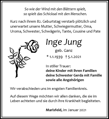 Traueranzeige von Inge Jung von Südthüringer Presse