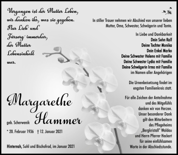 Traueranzeige von Margarethe Hammer von Südthüringer Presse