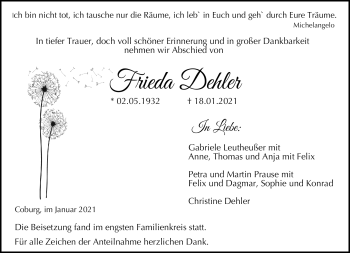 Traueranzeige von Frieda Dehler von Neue Presse Coburg