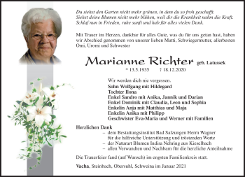 Traueranzeige von Marianne Richter von Südthüringer Presse