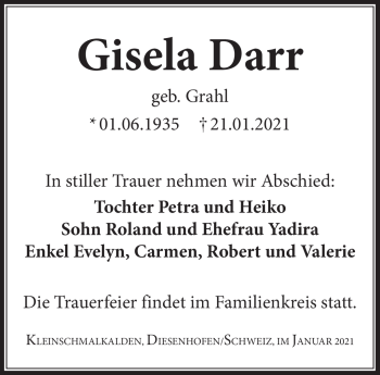 Traueranzeige von Gisela Darr von Südthüringer Presse