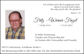 Traueranzeige von Fritz Finzel von Neue Presse Coburg