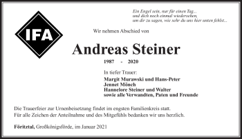 Traueranzeige von Andreas Steiner von Südthüringer Presse