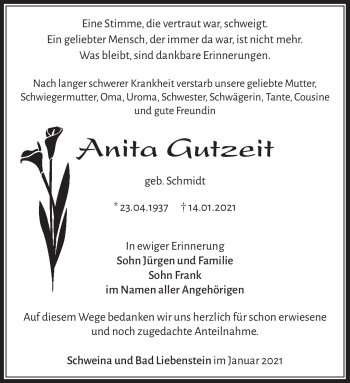 Traueranzeige von Anita Gutzeit von Südthüringer Presse