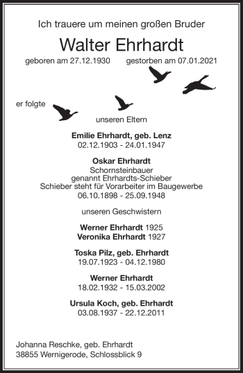 Traueranzeige von Walter Ehrhardt von Südthüringer Presse