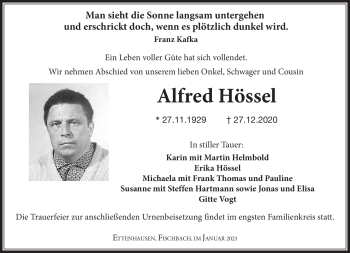 Traueranzeige von Alfred Hössel von Südthüringer Presse