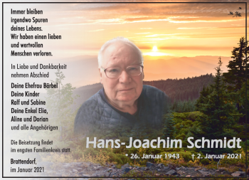 Traueranzeige von Hans-Joachim Schmidt von Südthüringer Presse