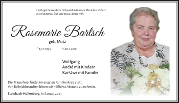 Traueranzeige von Rosmarie Bartsch von Südthüringer Presse