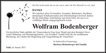 Traueranzeige von Wolfram Bodenberger von Südthüringer Presse