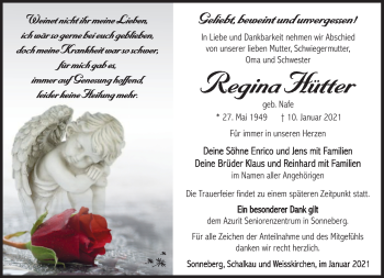 Traueranzeige von Regina Hütter von Südthüringer Presse