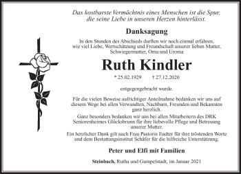 Traueranzeige von Ruth Kindler von Südthüringer Presse