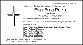 Traueranzeige von Erna Popp von Frankenpost