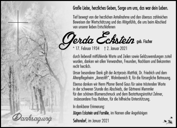 Traueranzeige von Gerda Eckstein von Südthüringer Presse