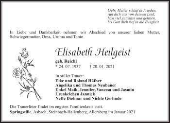 Traueranzeige von Elisabeth Heilgeist von Südthüringer Presse