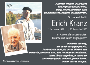 Traueranzeige von Dr. Erich Kranz von Südthüringer Presse