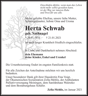 Traueranzeige von Herta Schwab von Südthüringer Presse