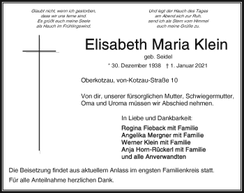 Traueranzeige von Elisabeth Klein von Frankenpost
