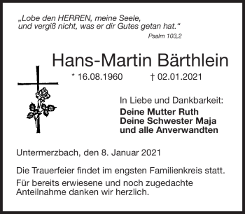 Traueranzeige von Hnas-Martin Bärthlein von Neue Presse Coburg