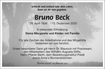 Traueranzeige von Bruno Beck von Südthüringer Presse