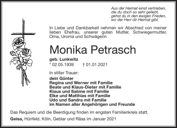 Traueranzeige von Monika Petrasch von Südthüringer Presse