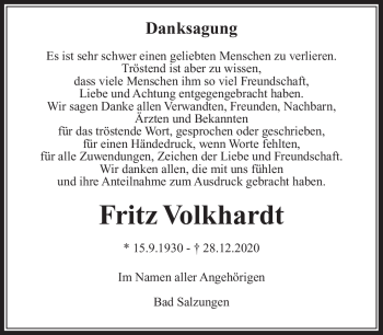 Traueranzeige von Fritz Volkhardt von Südthüringer Presse