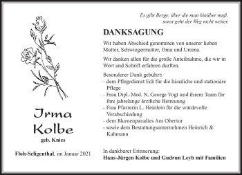 Traueranzeige von Irma Kolbe von Südthüringer Presse