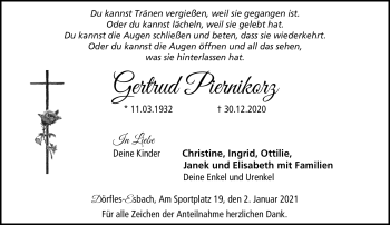 Traueranzeige von Gertrud Piernikorz von Neue Presse Coburg