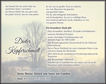 Traueranzeige von Dieter Kupferschmidt von Südthüringer Presse