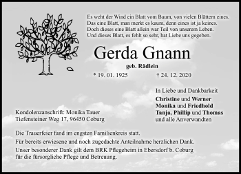 Traueranzeige von Gerda Gnann von Neue Presse Coburg